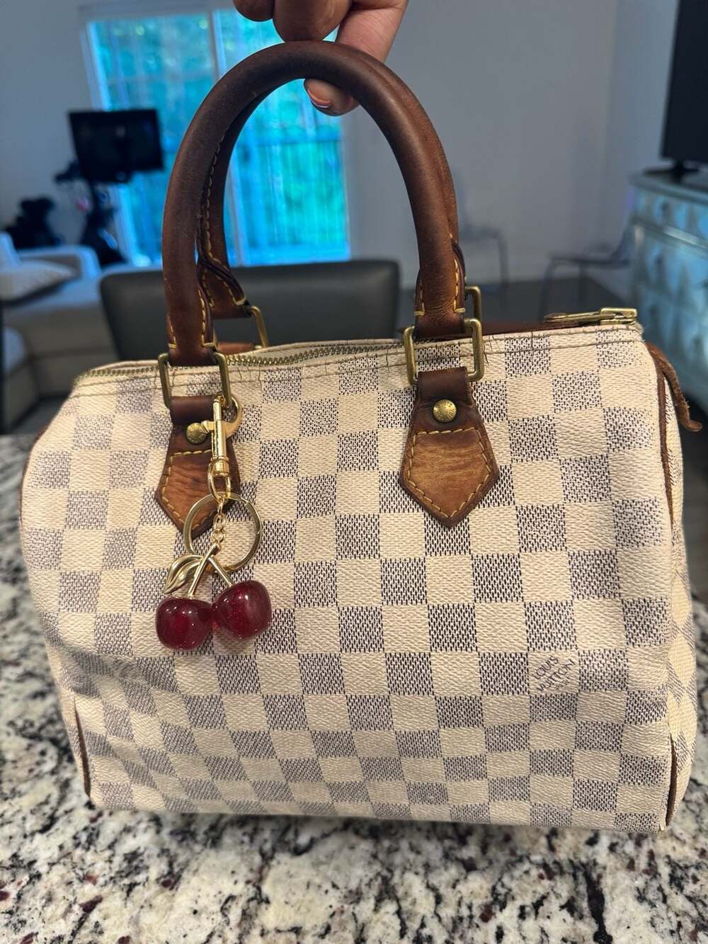 Louis Vuitton Speedy 25 Damier Azur Canvas Top Handle Satchel Bag + COA